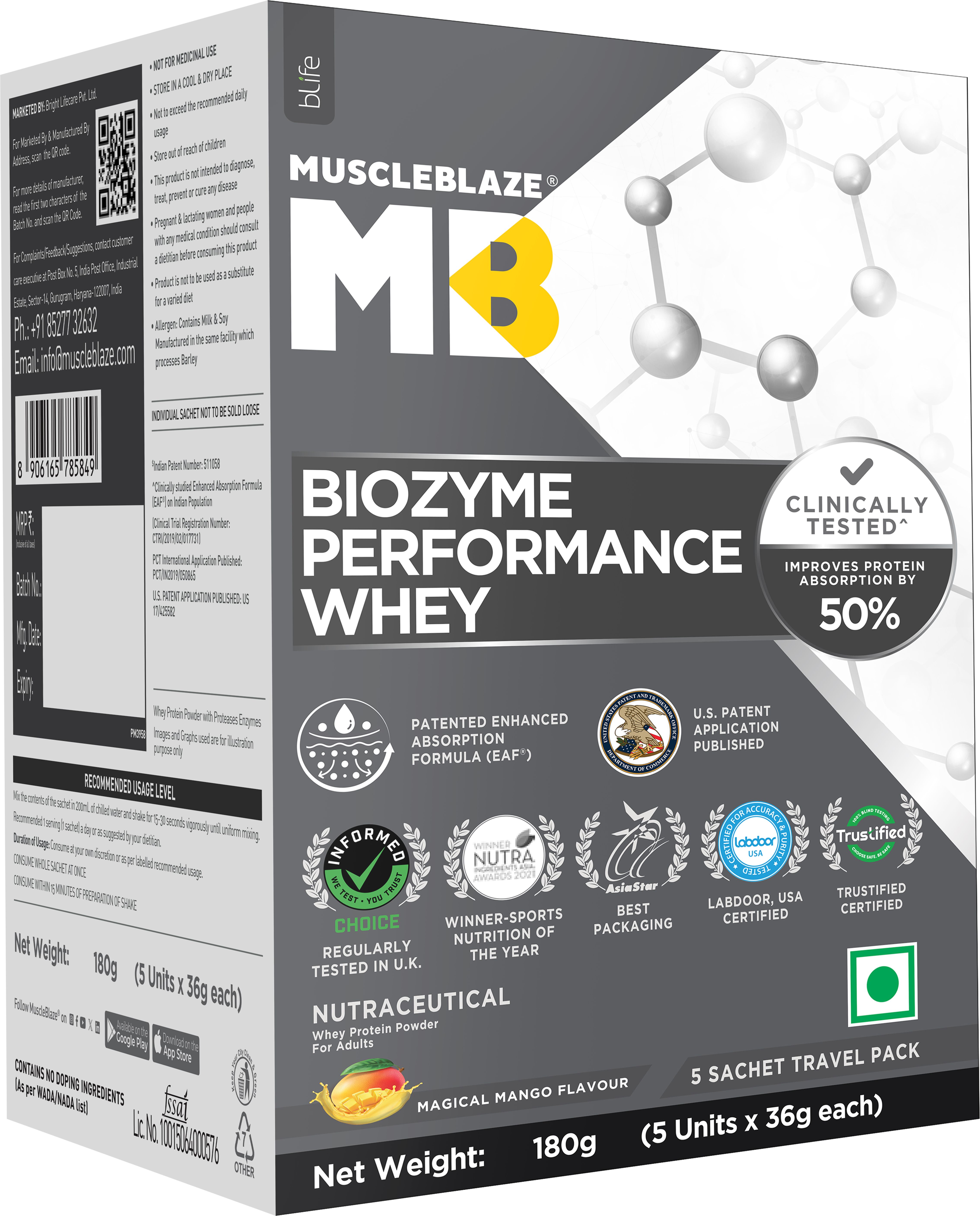 Biozyme Performance, 5 Sachet Travel Pack (5x36g), 25g Protein Per Scoop Whey Protein