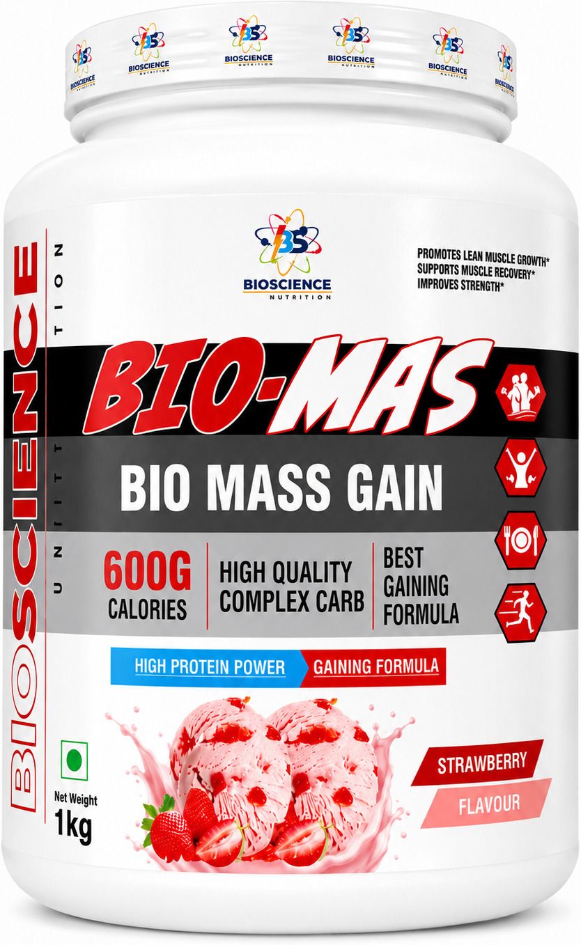 bioscience nutrition Bio Maas Weight Gainer Strawberry Flavour 1KG | High Protein Mass Gainer Powder Weight Gainers/Mass Gainers-picture-47