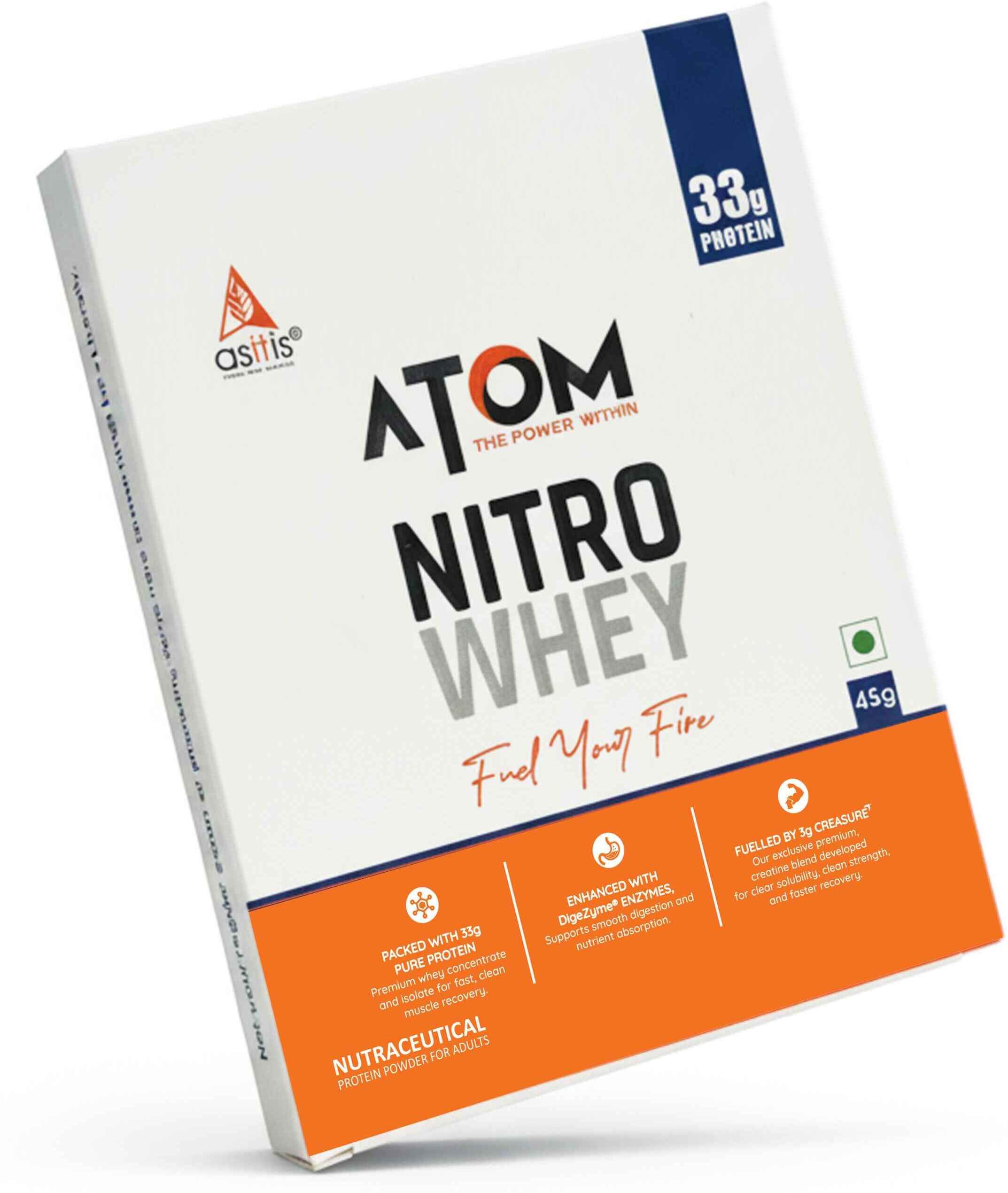 ATOM Nitro Whey Protein with CREASURE® & DigeZyme®, Easy Carry No Excuse Sachet Whey Protein-image-12