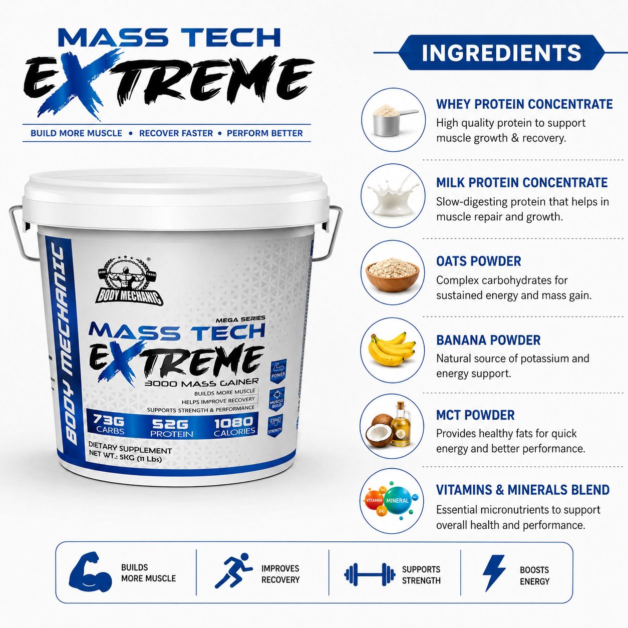 Mass Tech Extreme Mass Gainer High Protein Advance Muscle Mass Gainer 5kg Weight Gainers/Mass Gainers-image-27