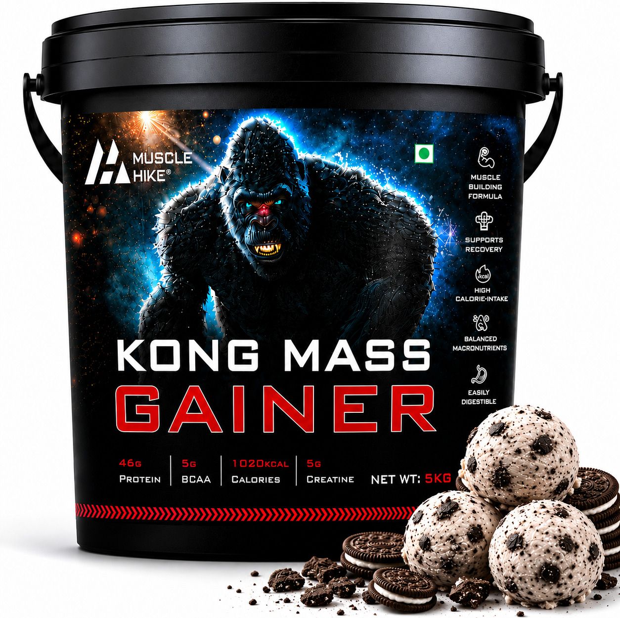 MuscleHike Kong Mass Gainer 5kg | 46g Protein, 1020 Calories, 5g Creatine & BCAA Weight Gainers/Mass Gainers-image-27