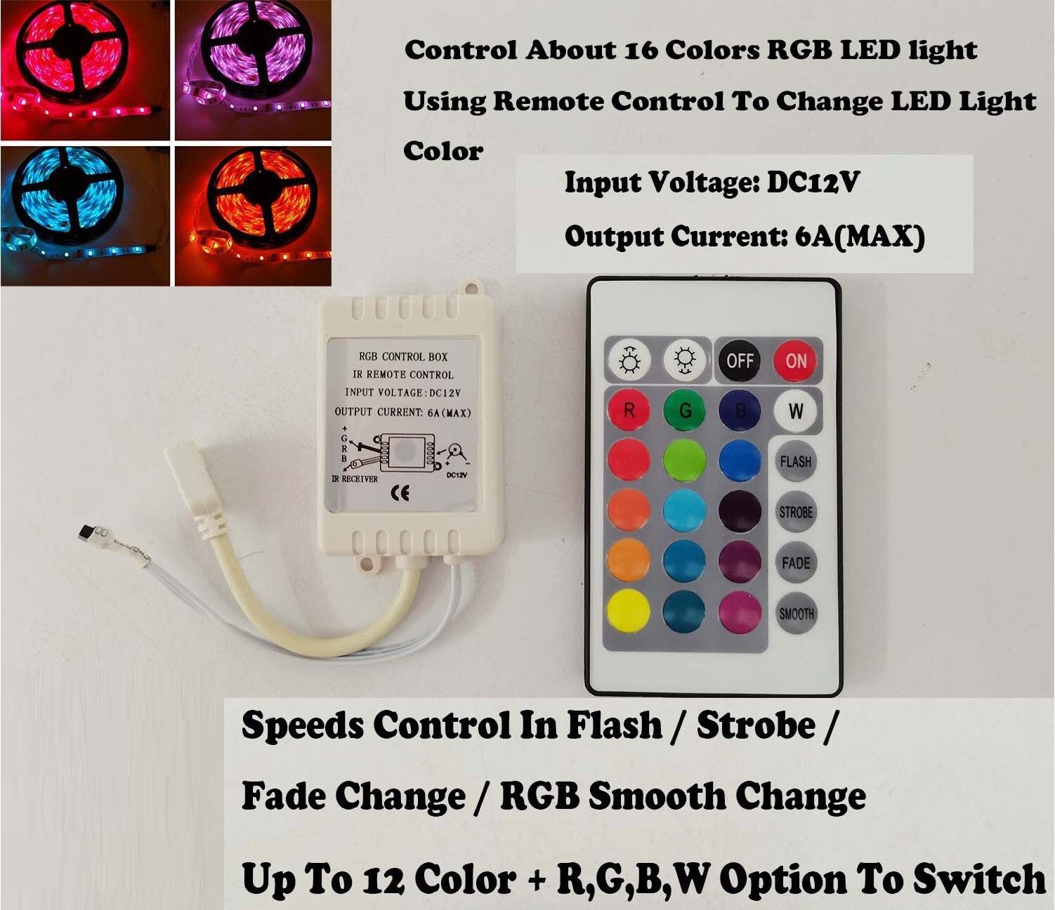 3pc Combo 12 Volt 2 Amp Adaptor Charger RGB Control Box IR RF Remote Controller 6 A Step Dimmer