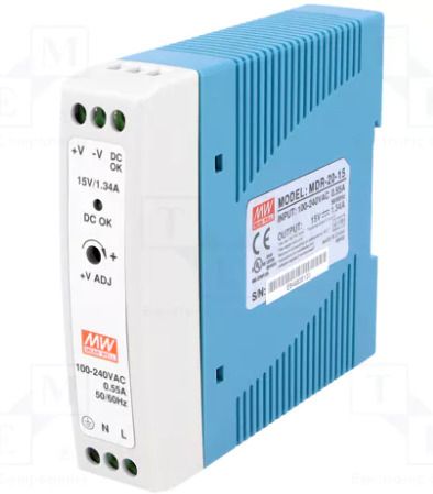 mean well power supply, mdr-20-15, 20 watt, 15 valt, 1.34 amp, din rail 20 watts computer psu with 0 sata cables