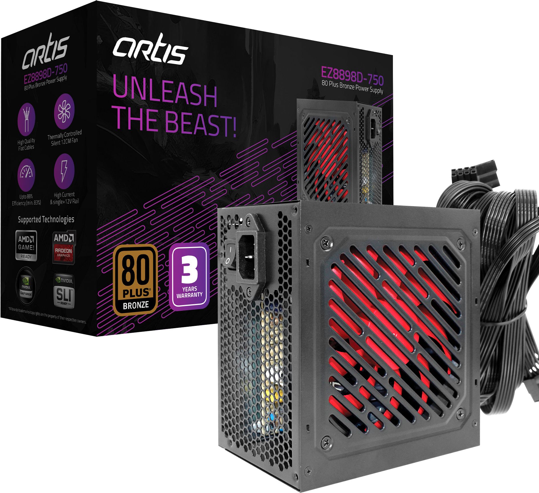 artis EZ8898D-80 Plus Bronze Power Supply 750 Watts Gaming PSU with 3 SATA Cables-image-9