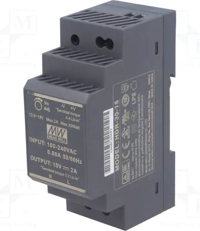 Mean Well power supply, HDR-30-15, 30 watt, 15 valt, 2 AMP, Din rail 30 Watts Computer PSU with 0 SATA Cables-image-0