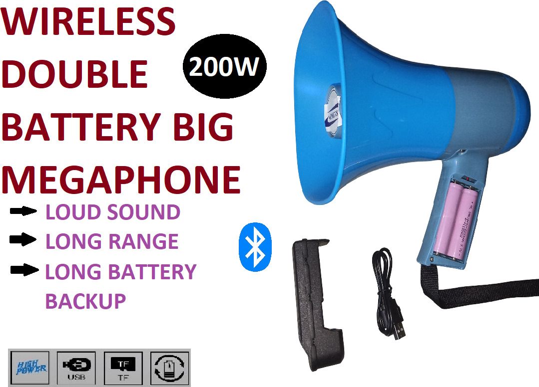 aimers LOng Range Megaphone Recorder, USB & Memory card input. Siren, Music (200 W) Wireless Bluetooth Big Megaphone with Rechargeable Double Battery Indoor, Outdoor PA System-picture-24