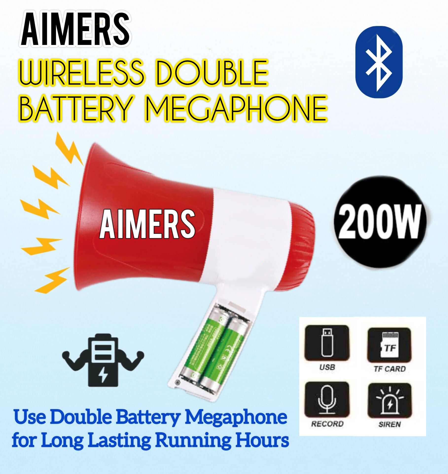 Siren Outdoor, Indoor PA System (200 W) HANDHELD RECHARGEABLE MEGAPHONE with Recording, BLUETOOTH/USB Media Player Indoor, Outdoor PA System-image-24