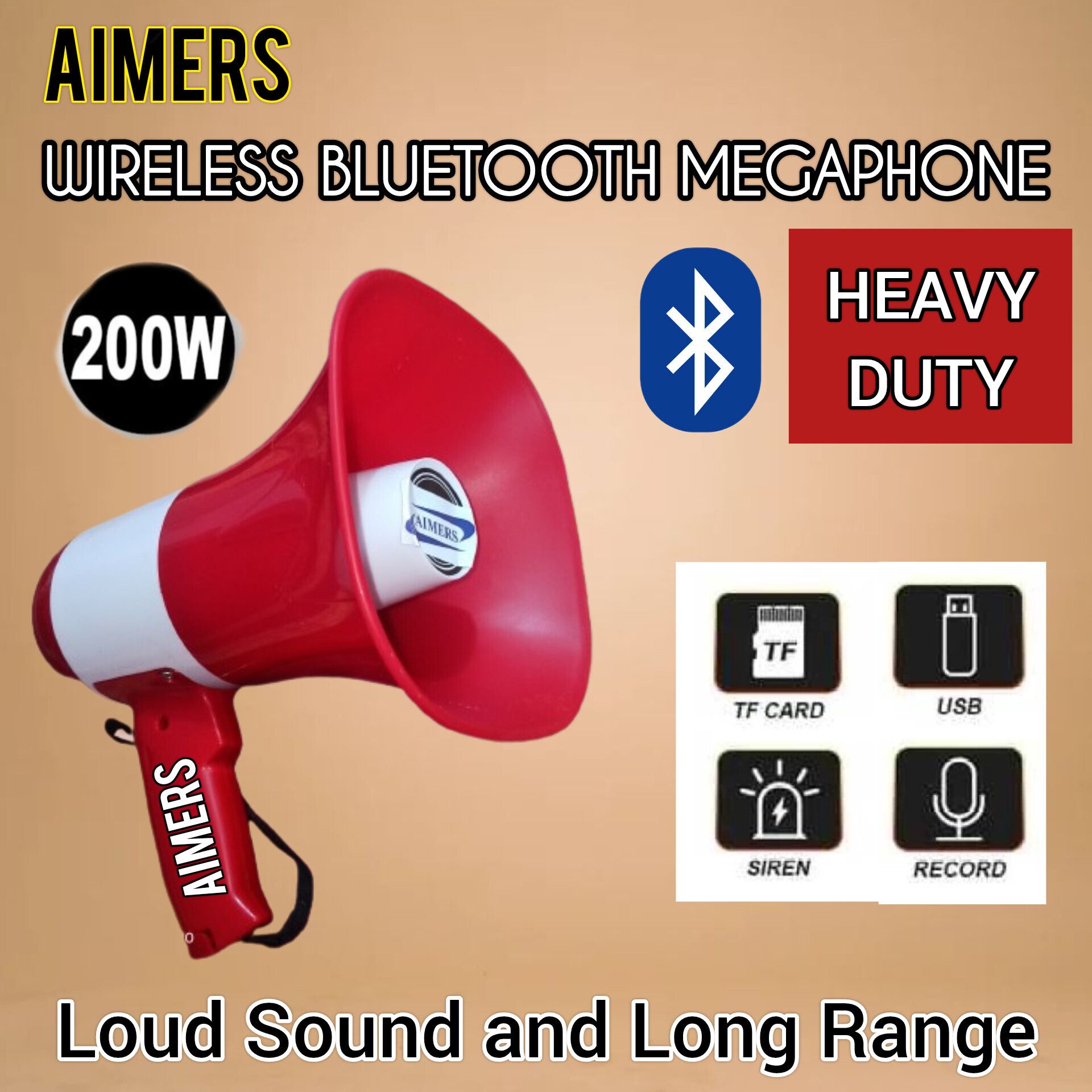 200W Wireless Bluetooth Megaphone Speaker/ Bullhorn Siren (High Sound) For Announcement With Recorder, USB And Memory card input. Long Sound Range Indoor, Outdoor PA System