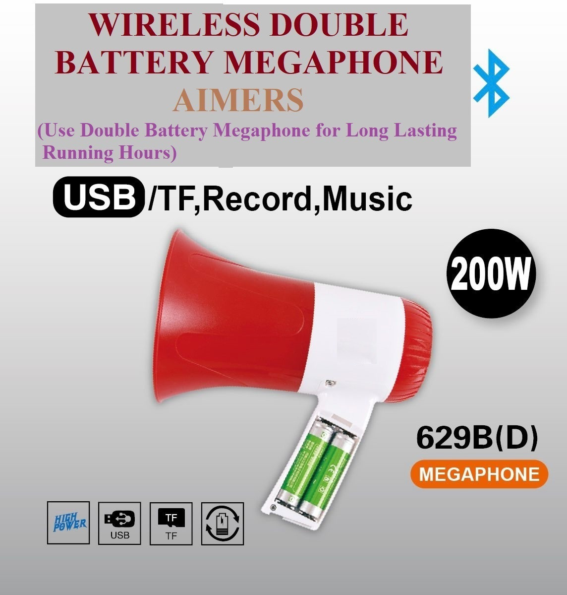 aimers And Memory card input. Talk, Record, Play Wireless Double Battery Megaphone For Announcement With Recorder, USB Indoor, Outdoor PA System image 1