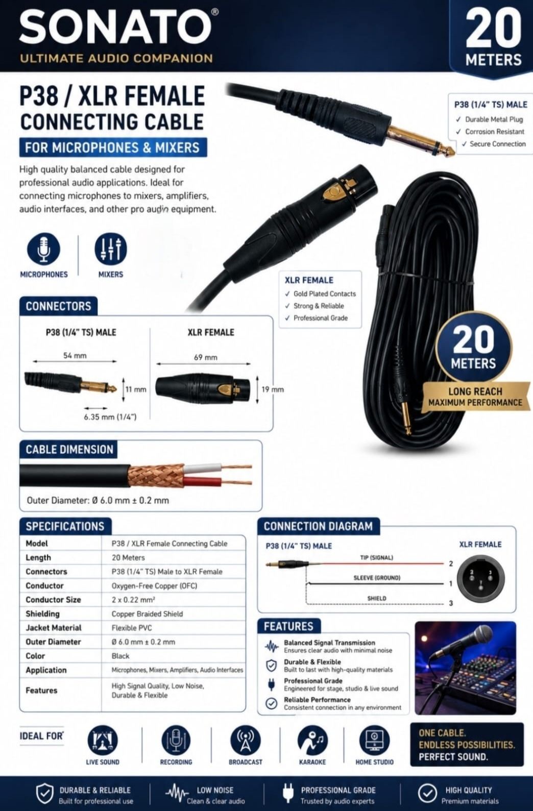 sonato Connecting Cables 20 Meters P38 / XLR Female Indoor, Outdoor PA System-picture-11
