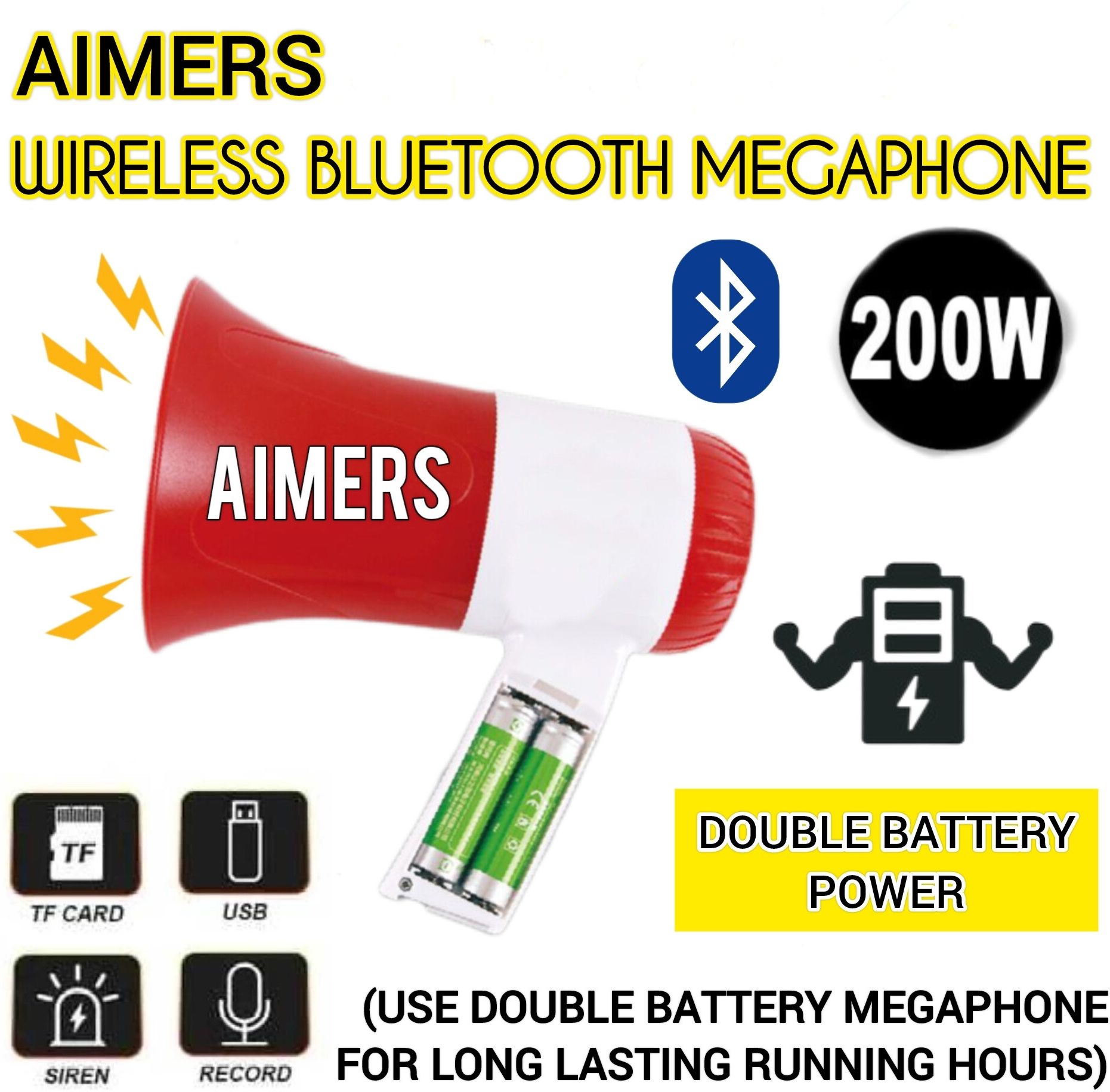 USB Media Player & Siren, Bluetooth Loud Sound Megaphone HANDHELD DOUBLE BATTERY RECHARGEABLE MEGAPHONE) with Recording, Indoor, Outdoor PA System-image-4