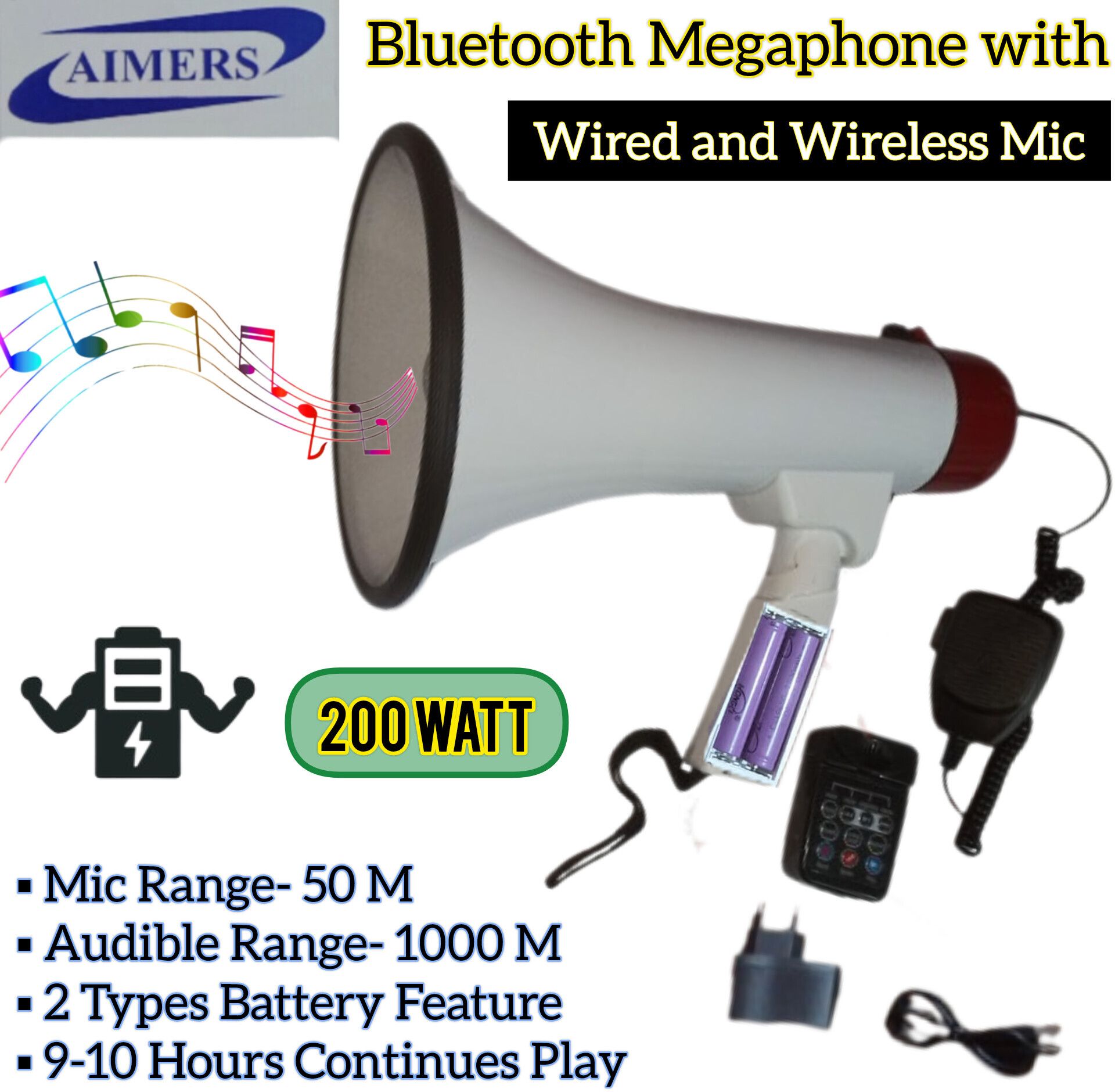 aimers Wired & Wireless Mic Bluetooth Megaphone with Recorder,USB &Memory Card Input for Announcing; Record;Play;Siren;Music with Battery and Charger Indoor PA System-picture-23