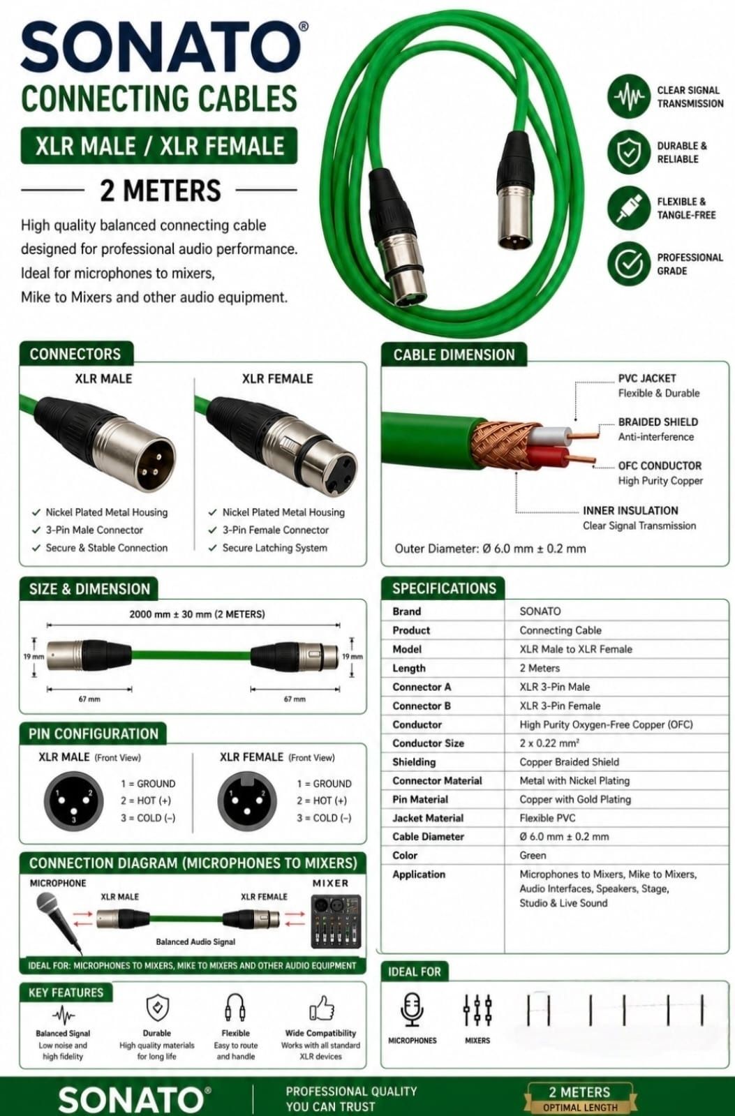 sonato Connecting Cables 2 Meters XLR Male/XLR Female Indoor, Outdoor PA System-picture-43
