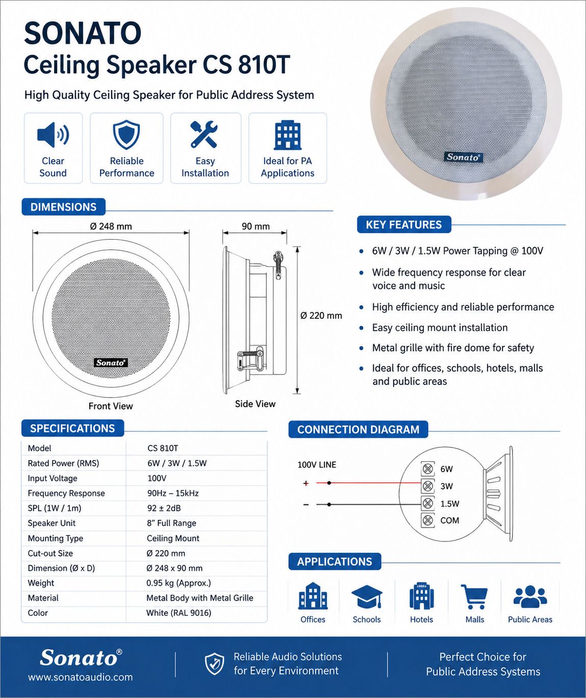sonato Ceiling Speaker CS 810T Indoor, Outdoor PA System-picture-32