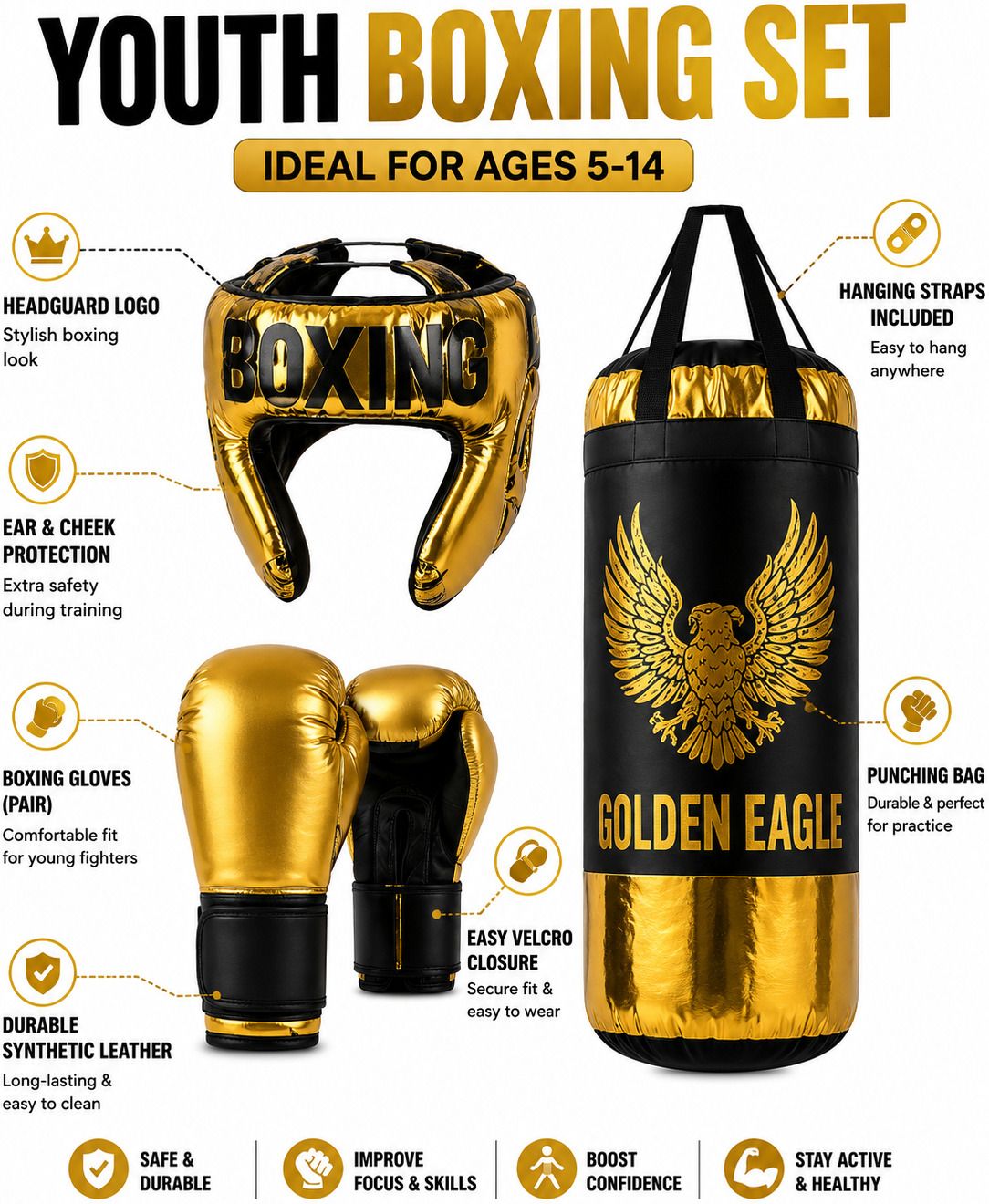 Junior Boxing Training Kit for Kids Up to 10 Years | Beginner Boxing Set Hanging Bag-image-31