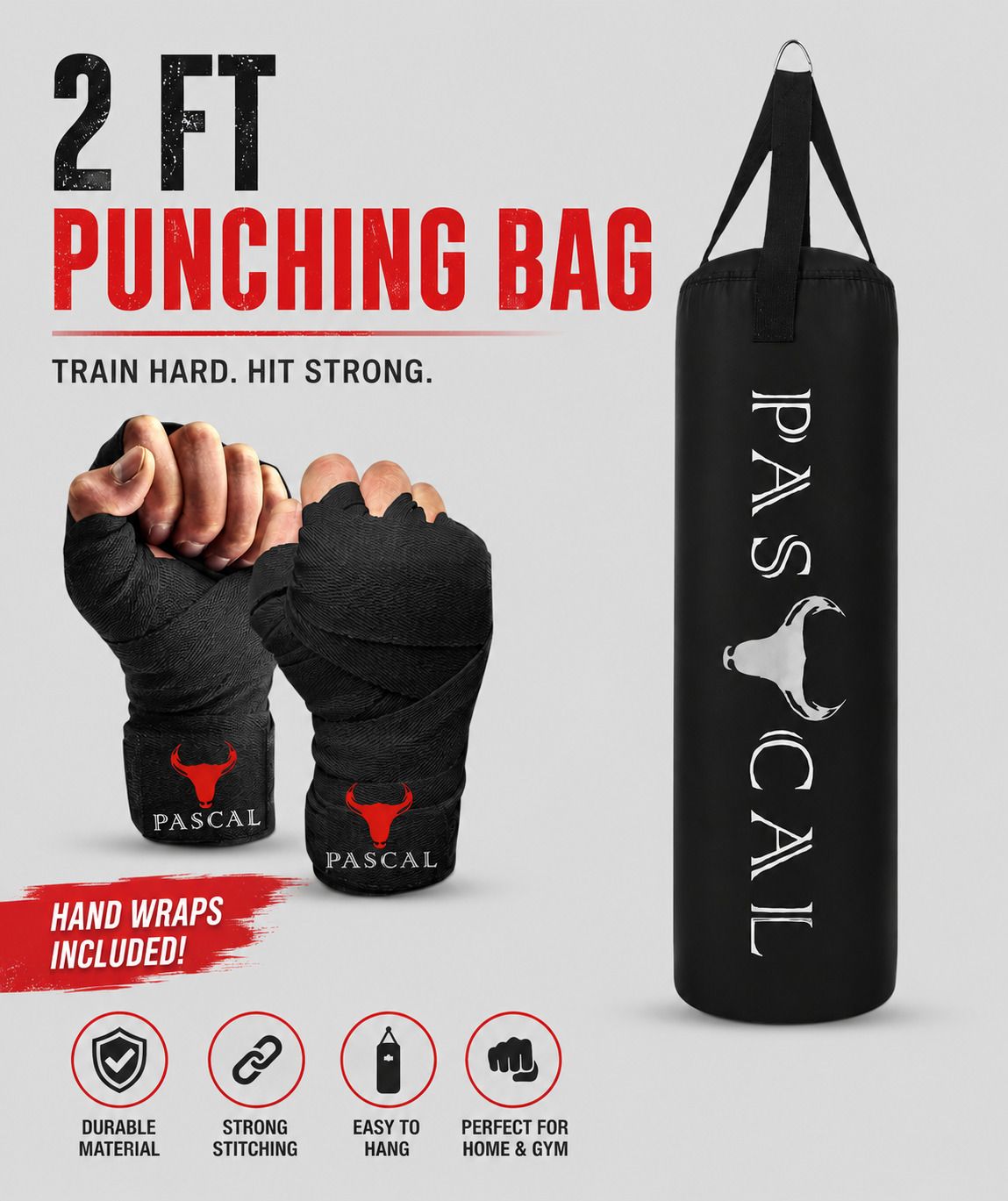 pascal Unfilled Heavy Boxing Bag Punching Bag combo with Hand Wraps for Men Women Hanging Bag-picture-2