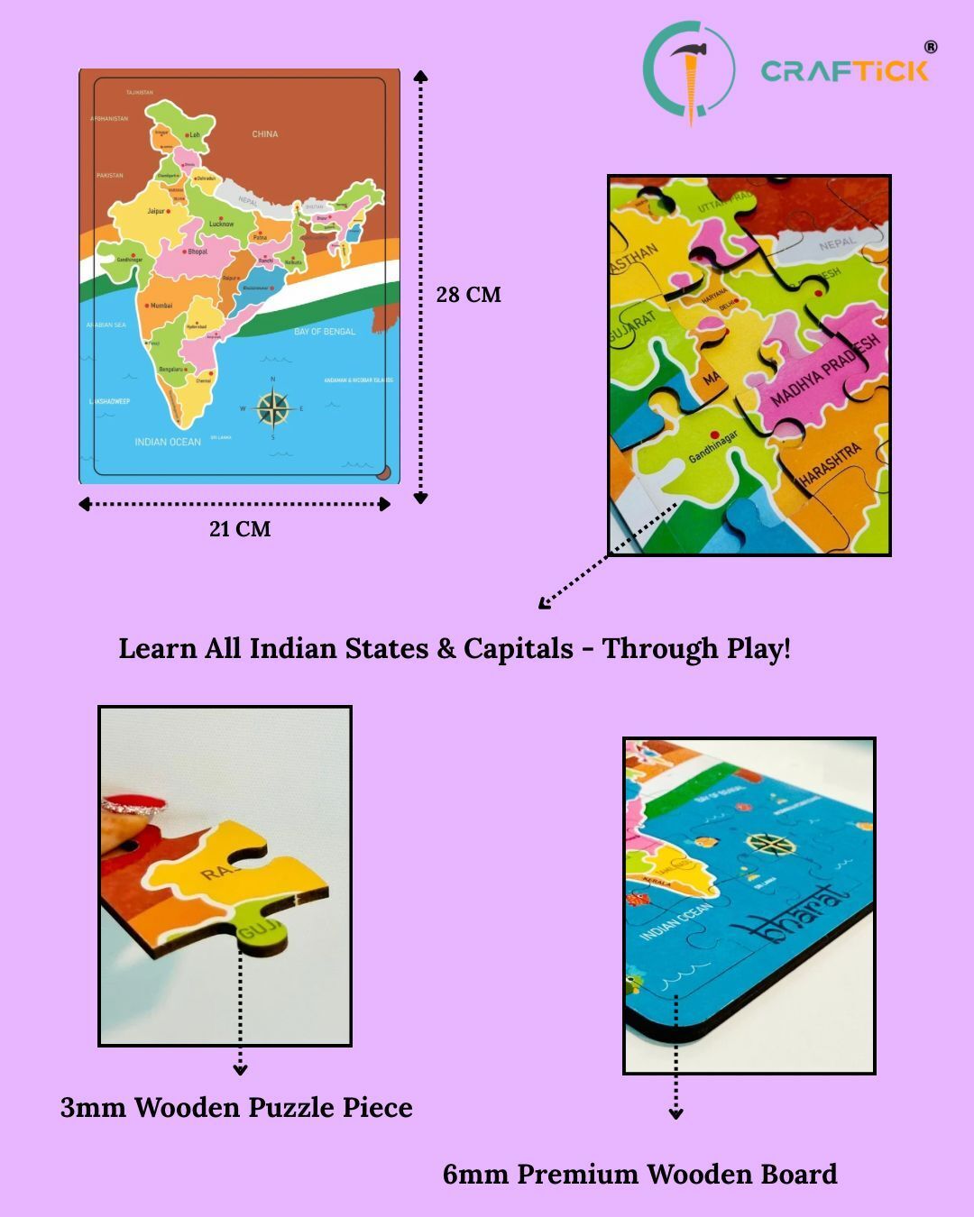 india map wooden puzzle for kids | learn states & capitals
