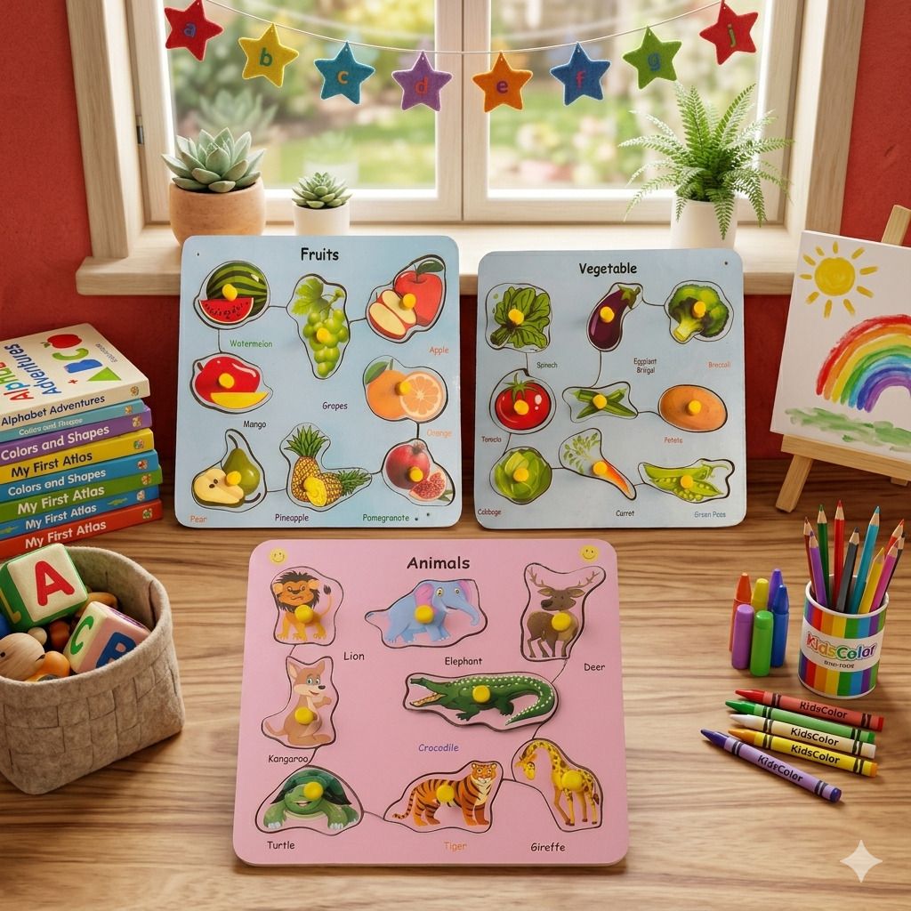 alafi Kids Wooden Puzzle Board 3-in-1 | Fruit, Vegetable & Animal Educational Toy-picture-27