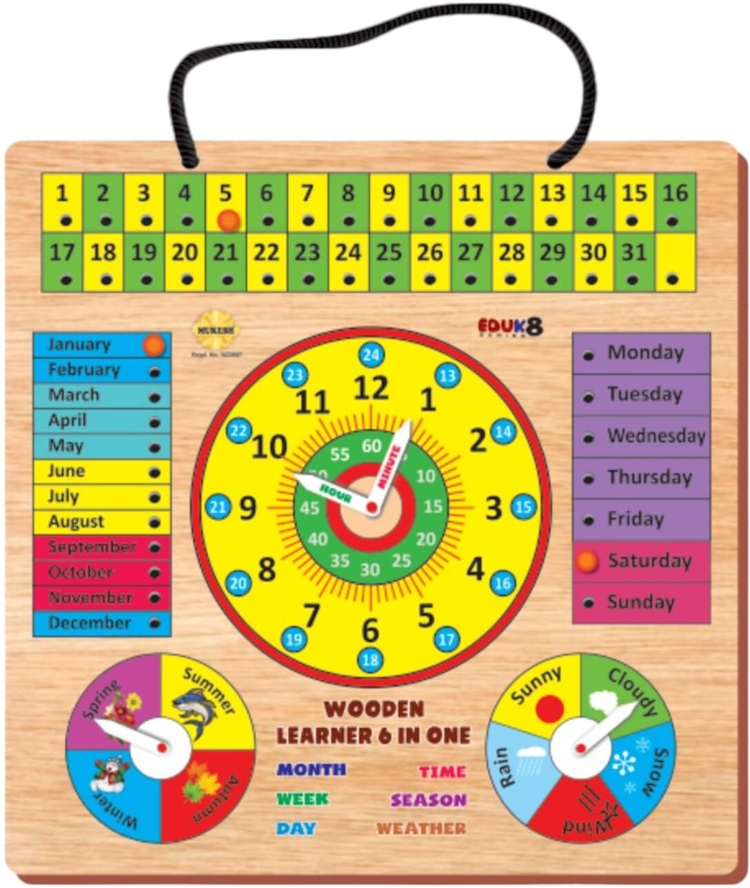Multifunctional 6 in 1 Wood Clock/Calendar Montessori Analog for Kids Educational Board Games-image-3