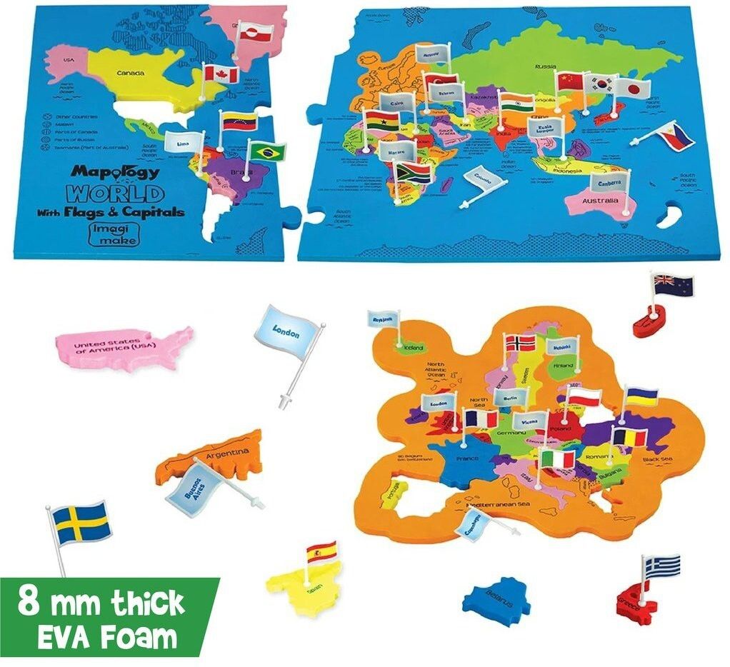 Mapology World with Flags & Capitals- with Country Shaped Pieces- for 5 Years+