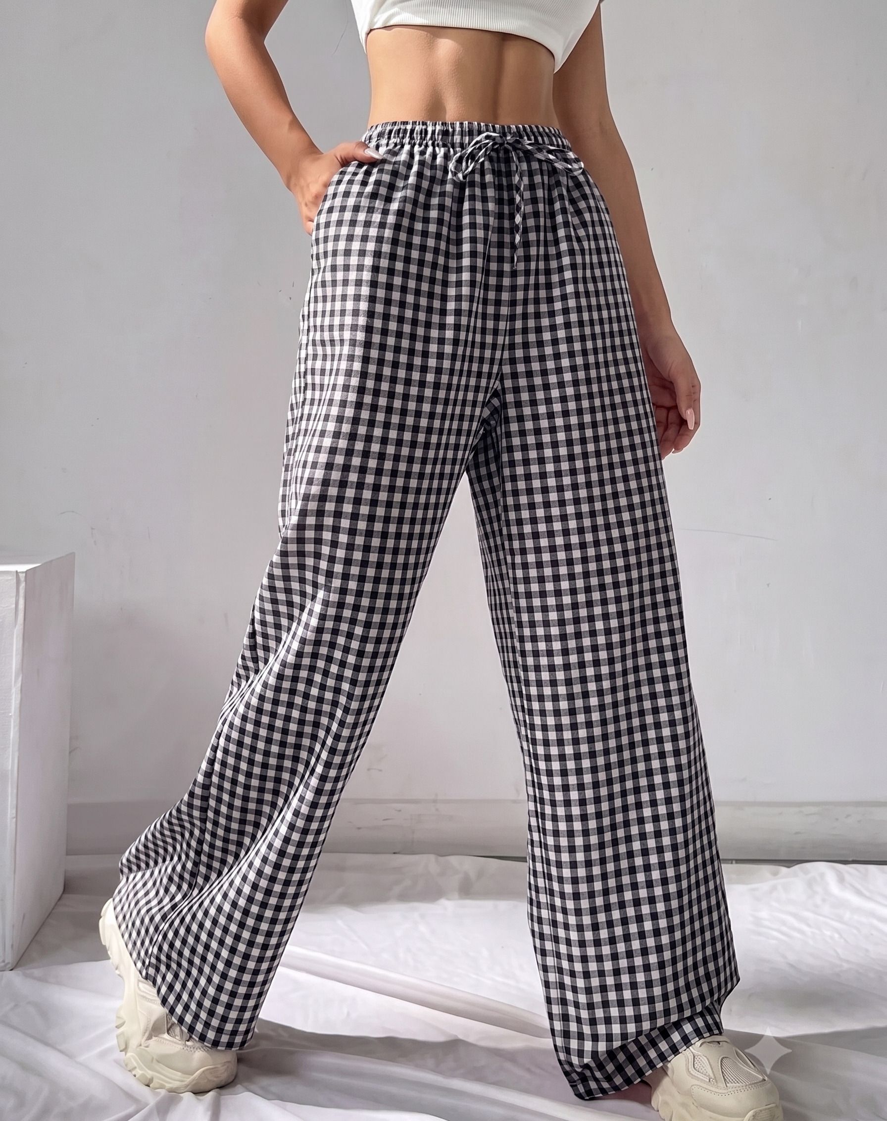 Women Red Check Wide Leg Palazzo Pants | Elastic Waist | Casual Trousers Women Pyjama-image-8