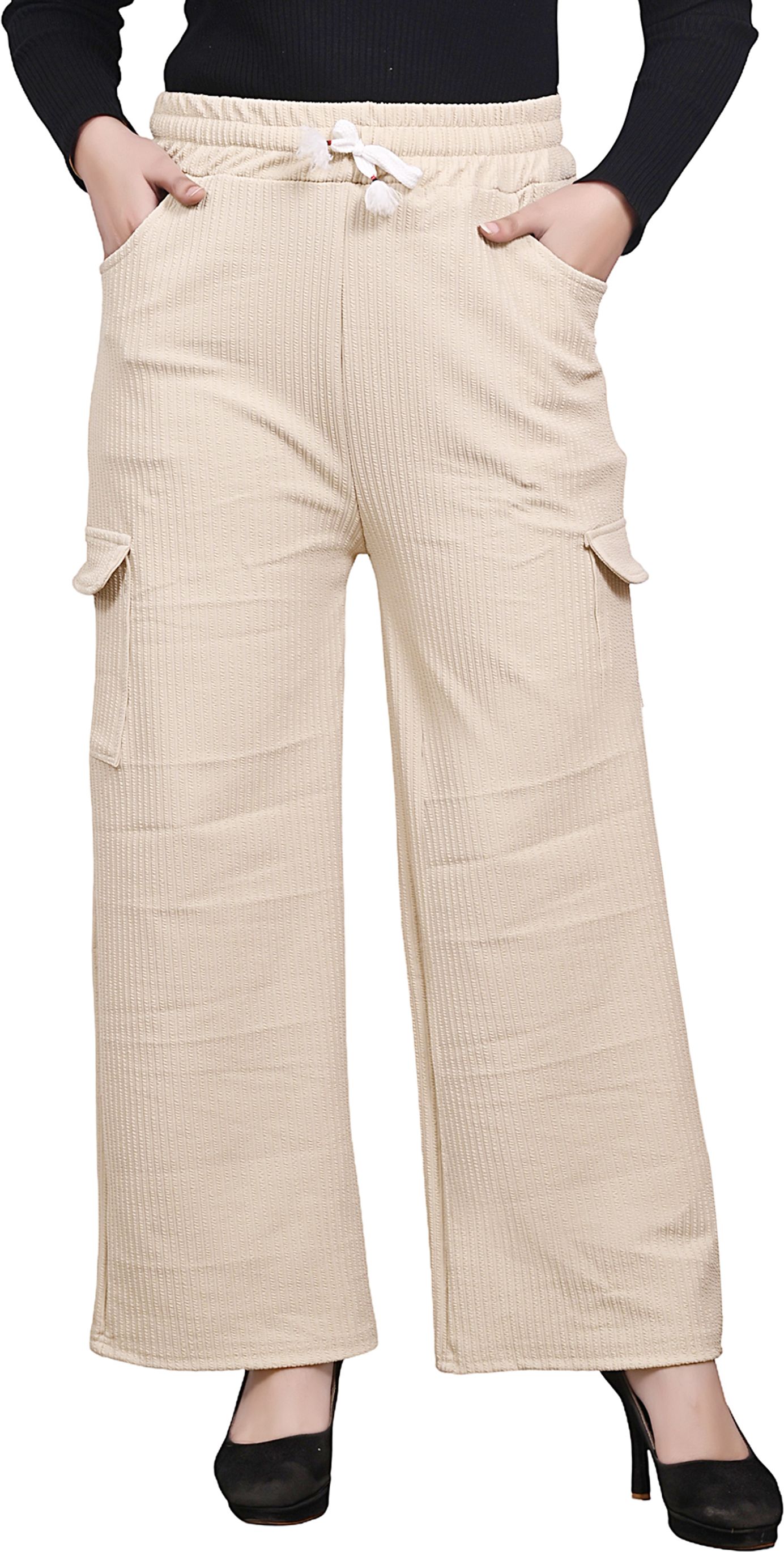 Women Wide Leg High-Waist Cargo Trousers | 4-Pocket Palazzo with Drawstring Women Pyjama