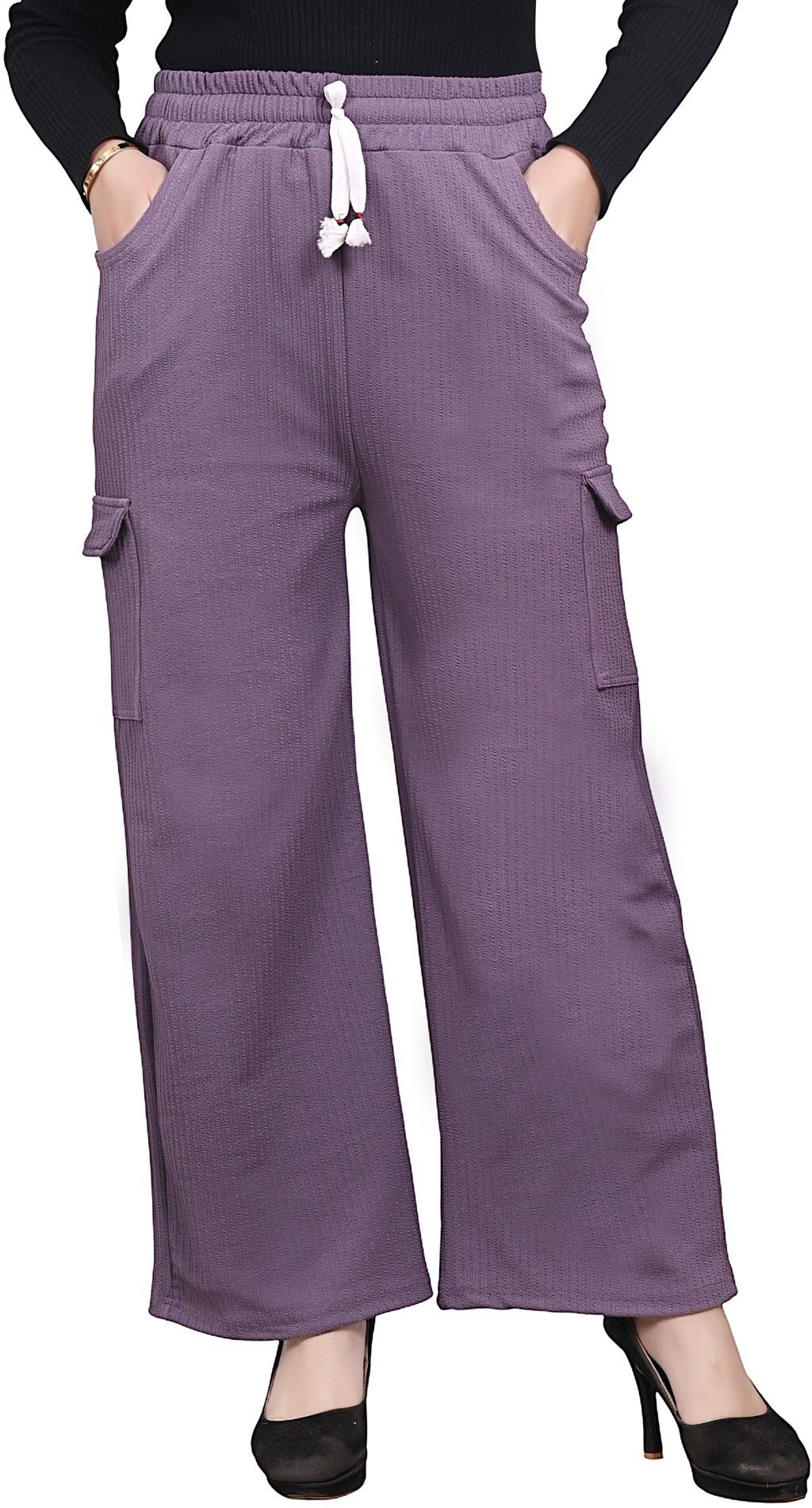 Women Wide Leg High-Waist Cargo Trousers | 4-Pocket Palazzo with Drawstring Women Pyjama