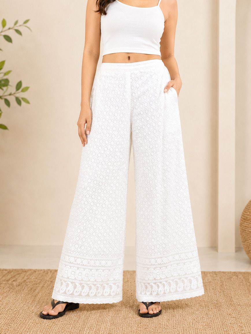 stylo Women's Embroidered White Palazzo Pyjama | Wide Leg Casual Lounge Wear Pant Women Pyjama-picture-10