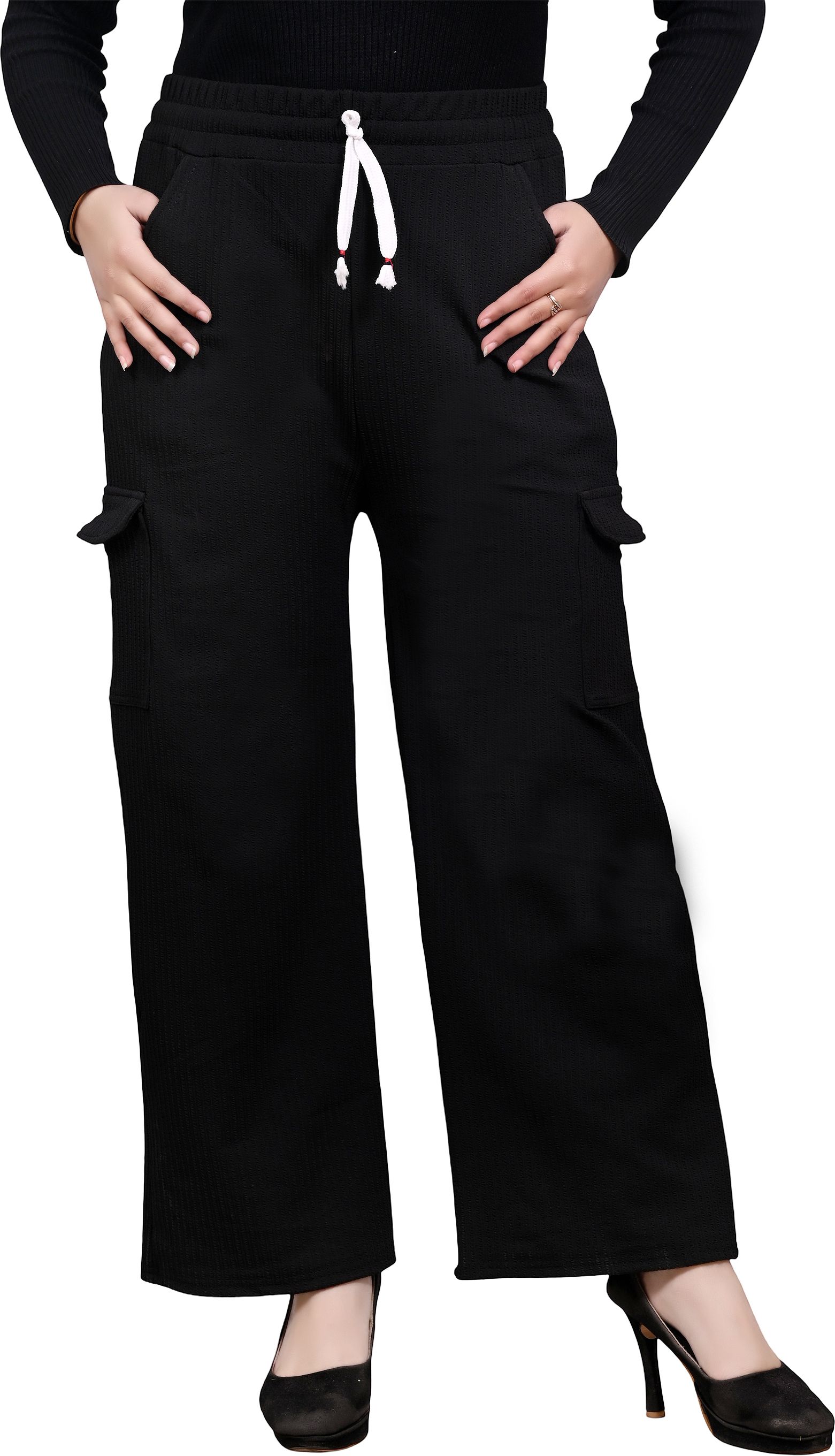 Women Wide Leg High-Waist Cargo Trousers | 4-Pocket Palazzo with Drawstring Women Pyjama