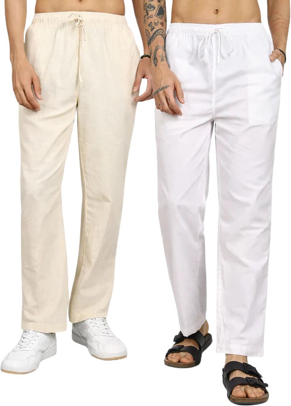 Pack of 2 White & Beige Combo Pack of 2 Linen Pajama Men Pyjama-image-0