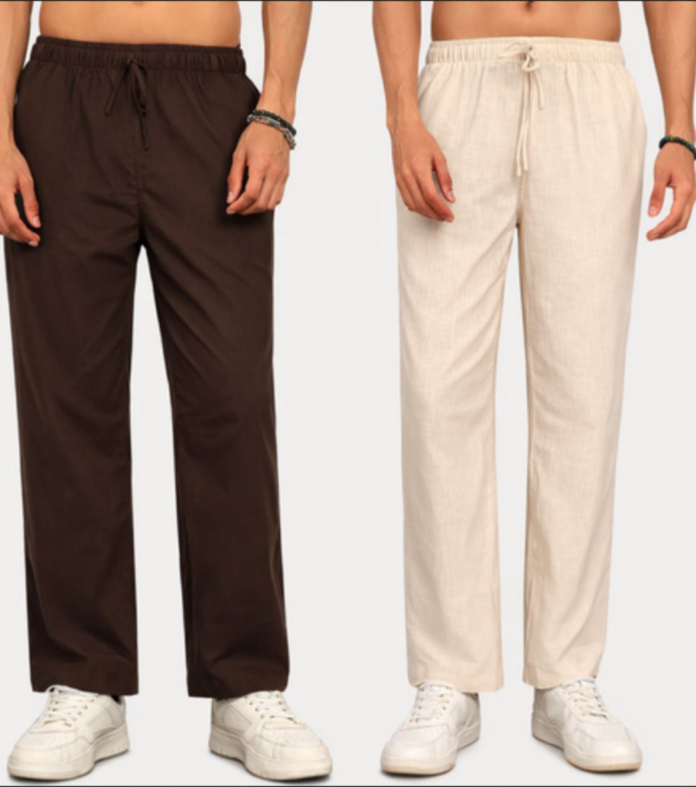 Men’s Linen Pajama, Trouser Combo – Beige & Brown (Pack of 2) Men Pyjama-image-43