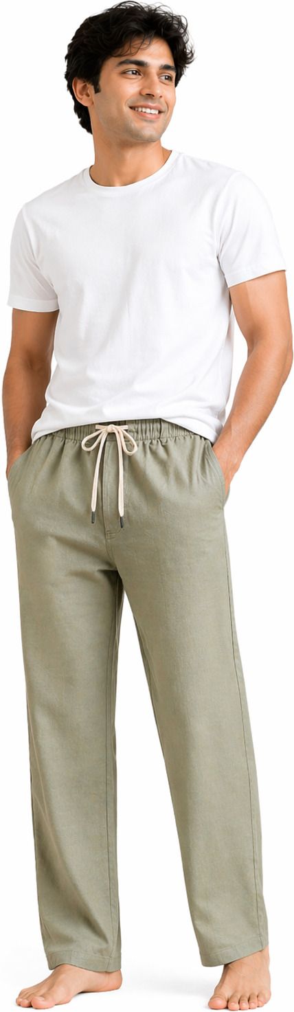 Linen Blend Baggie Pyjama Pants, Olive, Lounge Wear for mens Men Pyjama-image-2