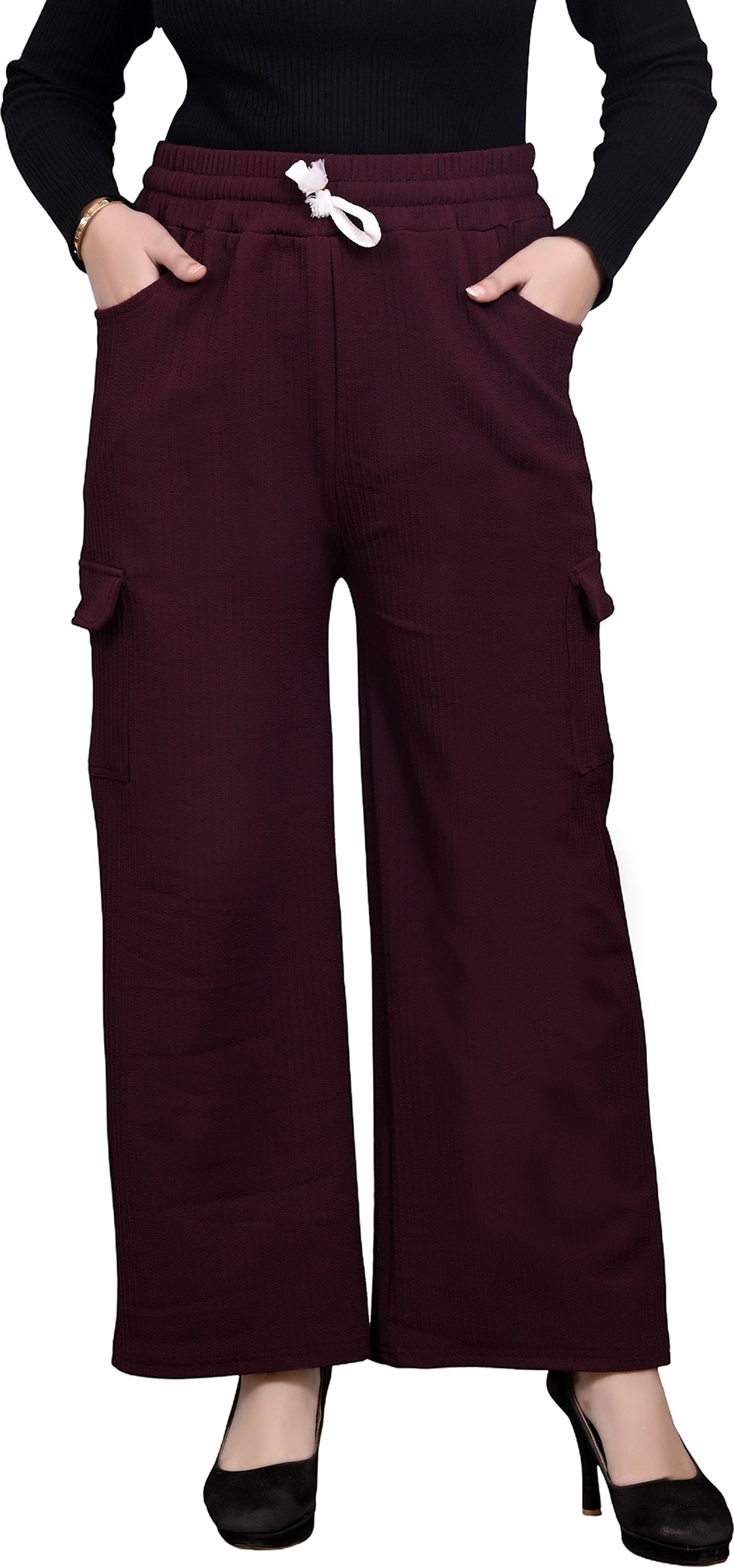 Women Wide Leg High-Waist Cargo Trousers | 4-Pocket Palazzo with Drawstring Women Pyjama