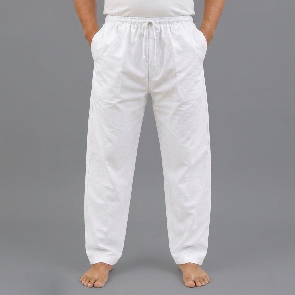 Ovastra Men’s White Cotton Pyjama | Elastic Waist | 2 Side Pockets Men Pyjama-image-2