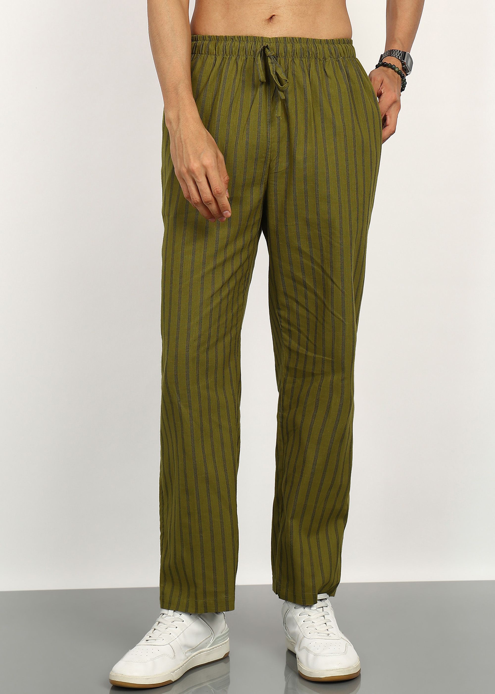 fabmade LINING CHECKED OLIVE GREEN FULL PAJAMA Men Pyjama-picture-25