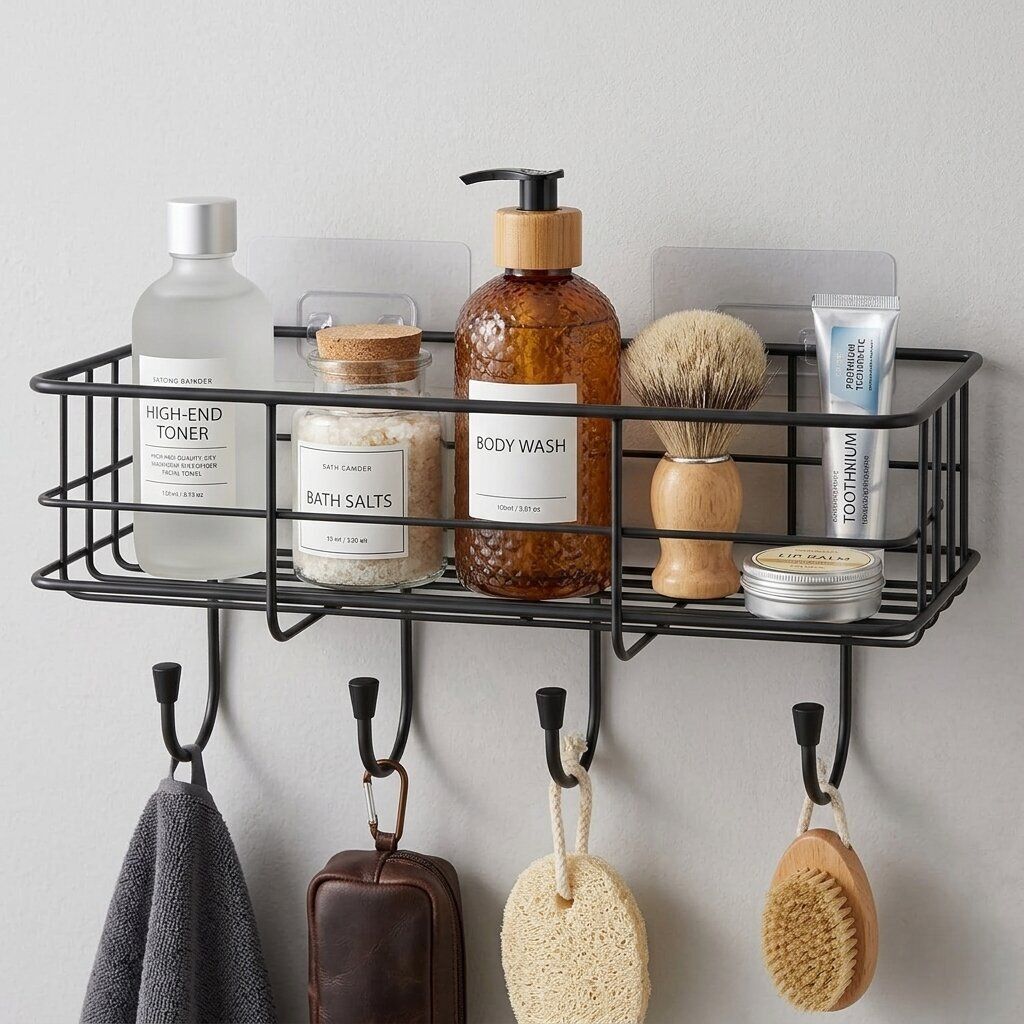 happi Self Adhesive Wall-Mount Bathroom Shelf with 4 Hooks, Bathroom Organizer Stand Iron Wall Shelf-picture-40