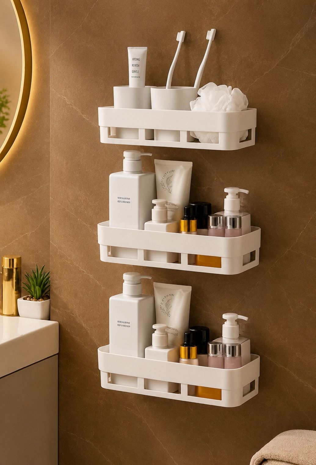 3 shelves Washroom Organizer, Bathroom Rack Stand Without Drilling Plastic Wall Shelf-image-45