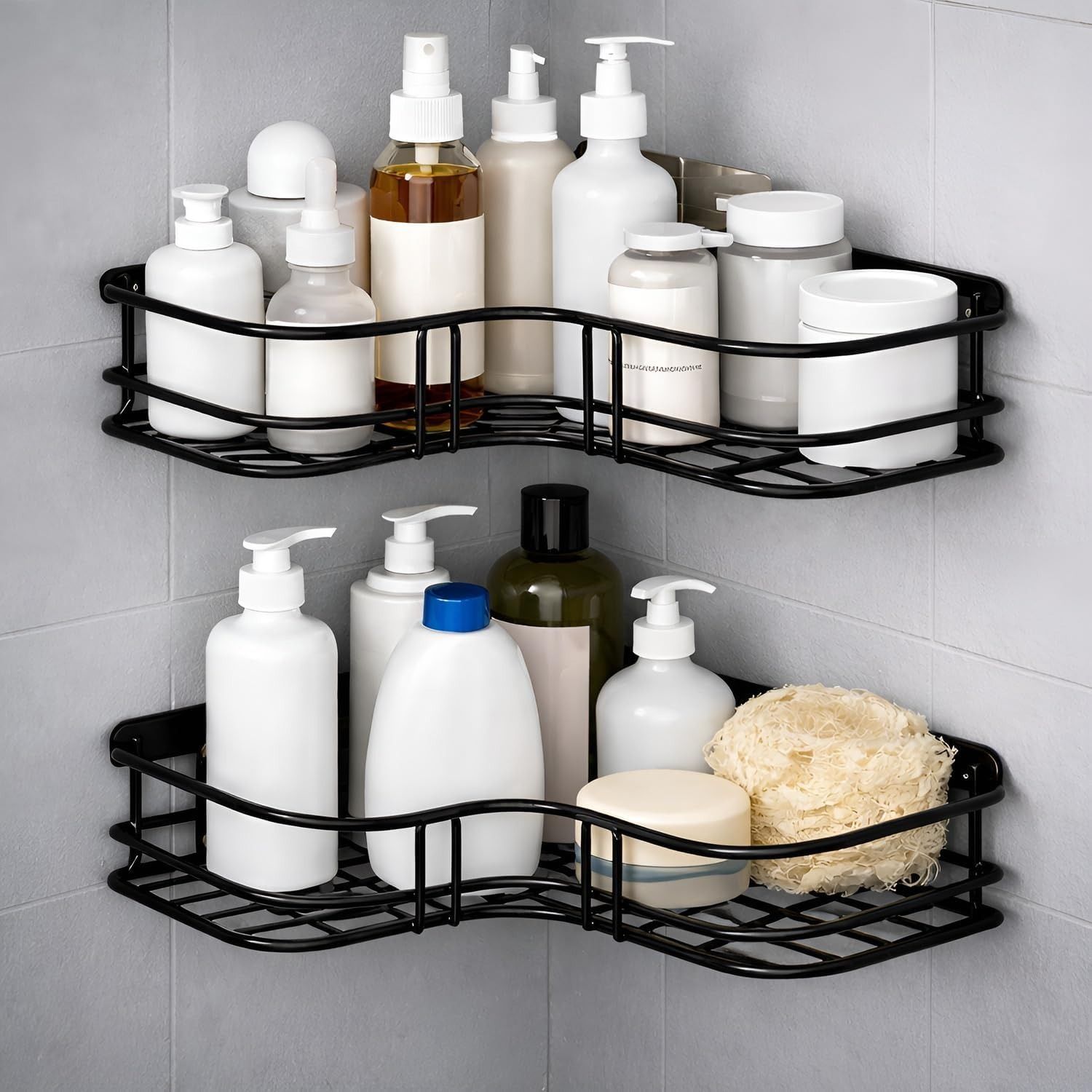 balaaji enterprise Elegant Matte Black Iron Wire Grid Corner Shelf Storage Rack Pack Of 2 Stainless Steel Wall Shelf-picture-38
