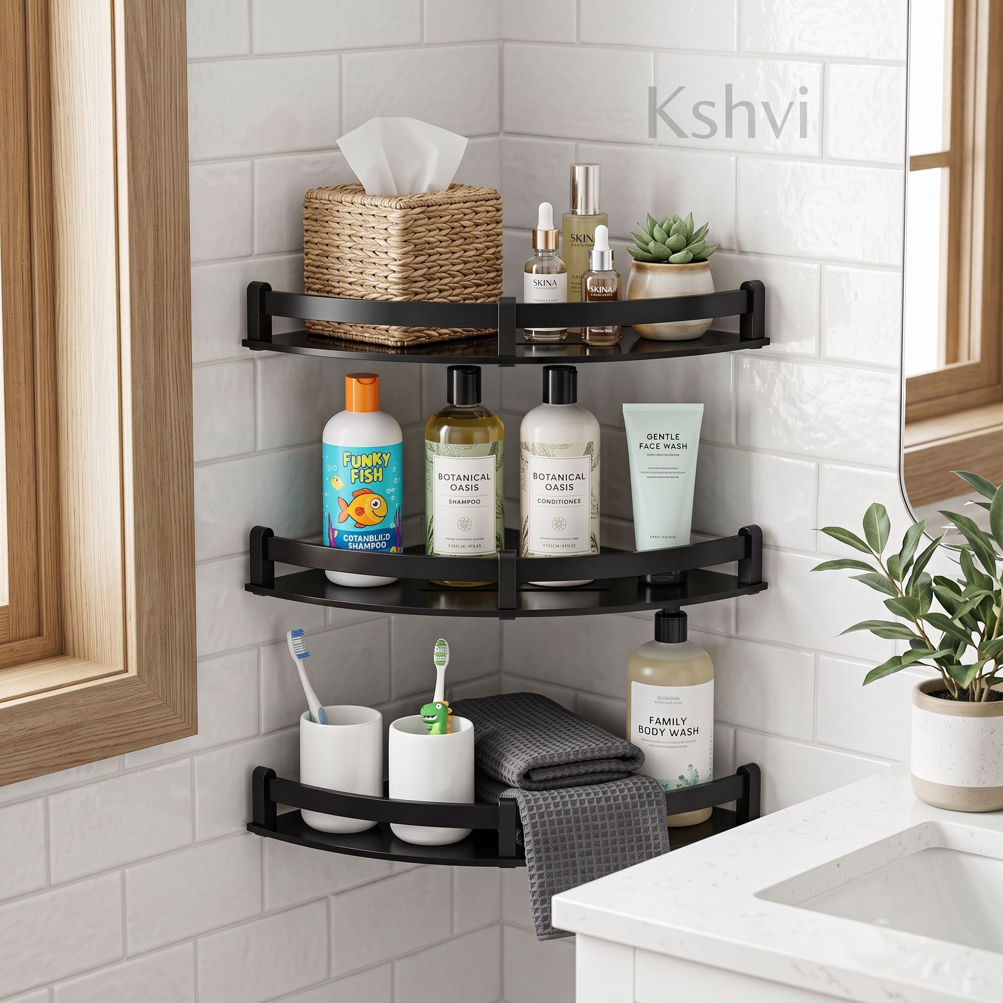 kshvi 12*12 Premium 3 Tier Matte Black Wall Mounted Bathroom Corner Shelf Acrylic, Aluminium Wall Shelf-picture-26