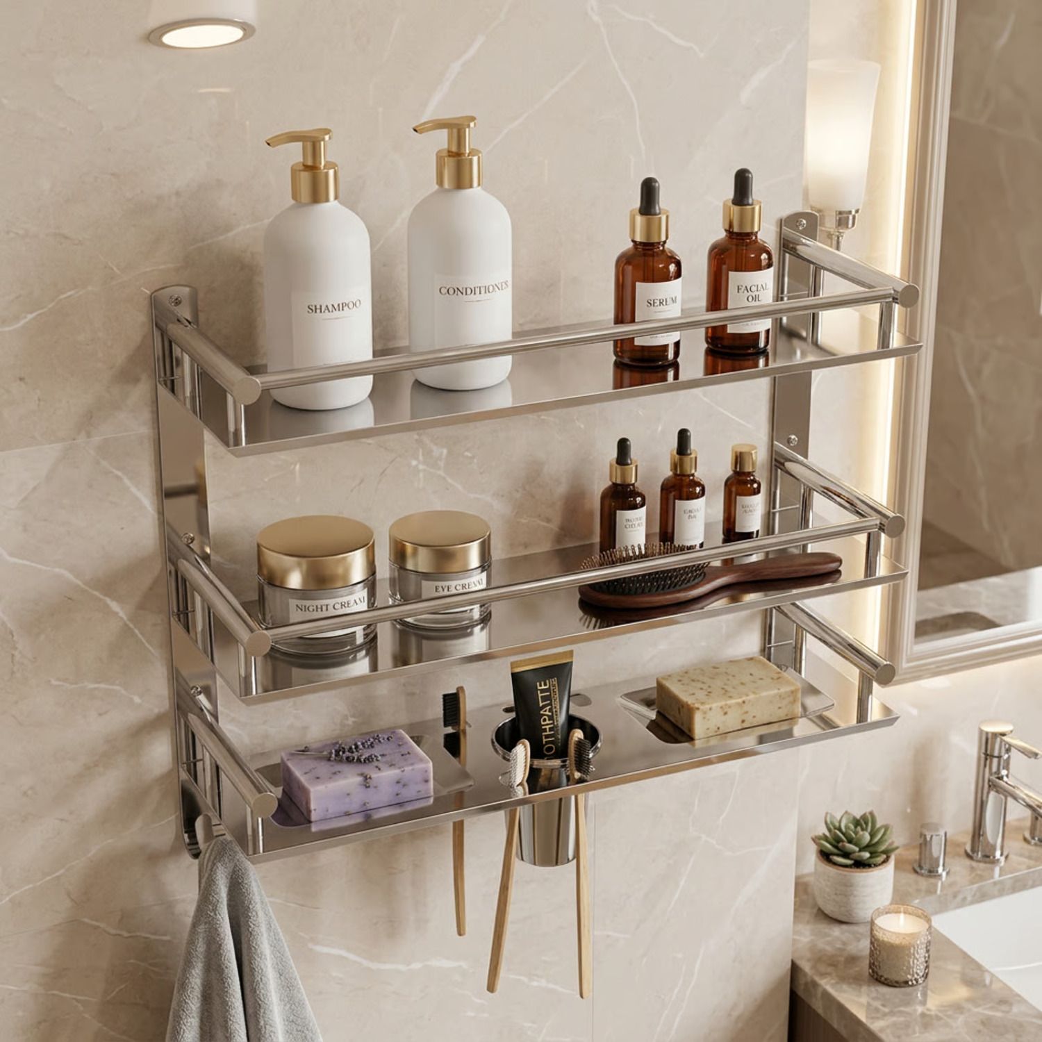 well set Multi-use Rack with Double Soap Dish And Tumbler Holde Stainless Steel Wall Shelf-picture-15