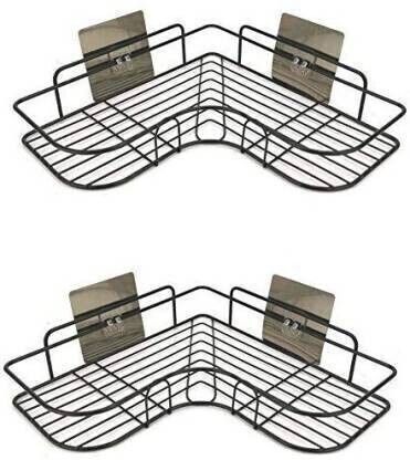 Self-Adhesive Metal Bathroom Corner Rack Storage Shelves, Shelf Organizer- Black Steel Wall Shelf