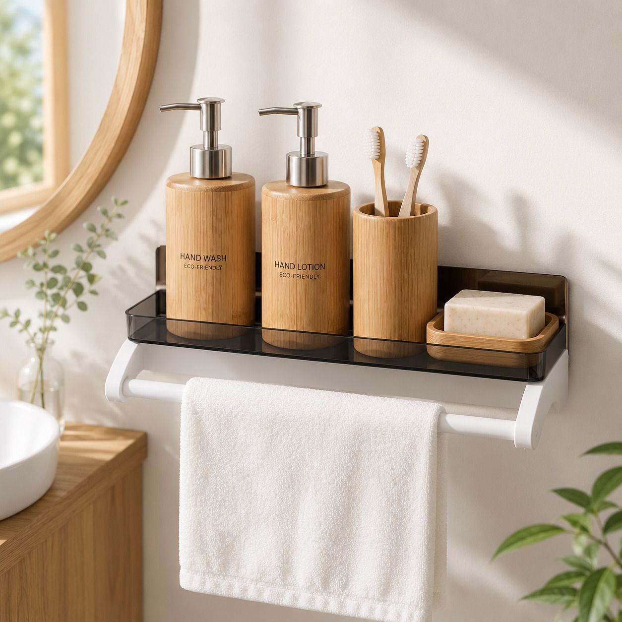 eskia Wall Shelf Rack No Drilling Bathroom Storage Shelf with Towel Bar Rack Plastic Wall Shelf-picture-1