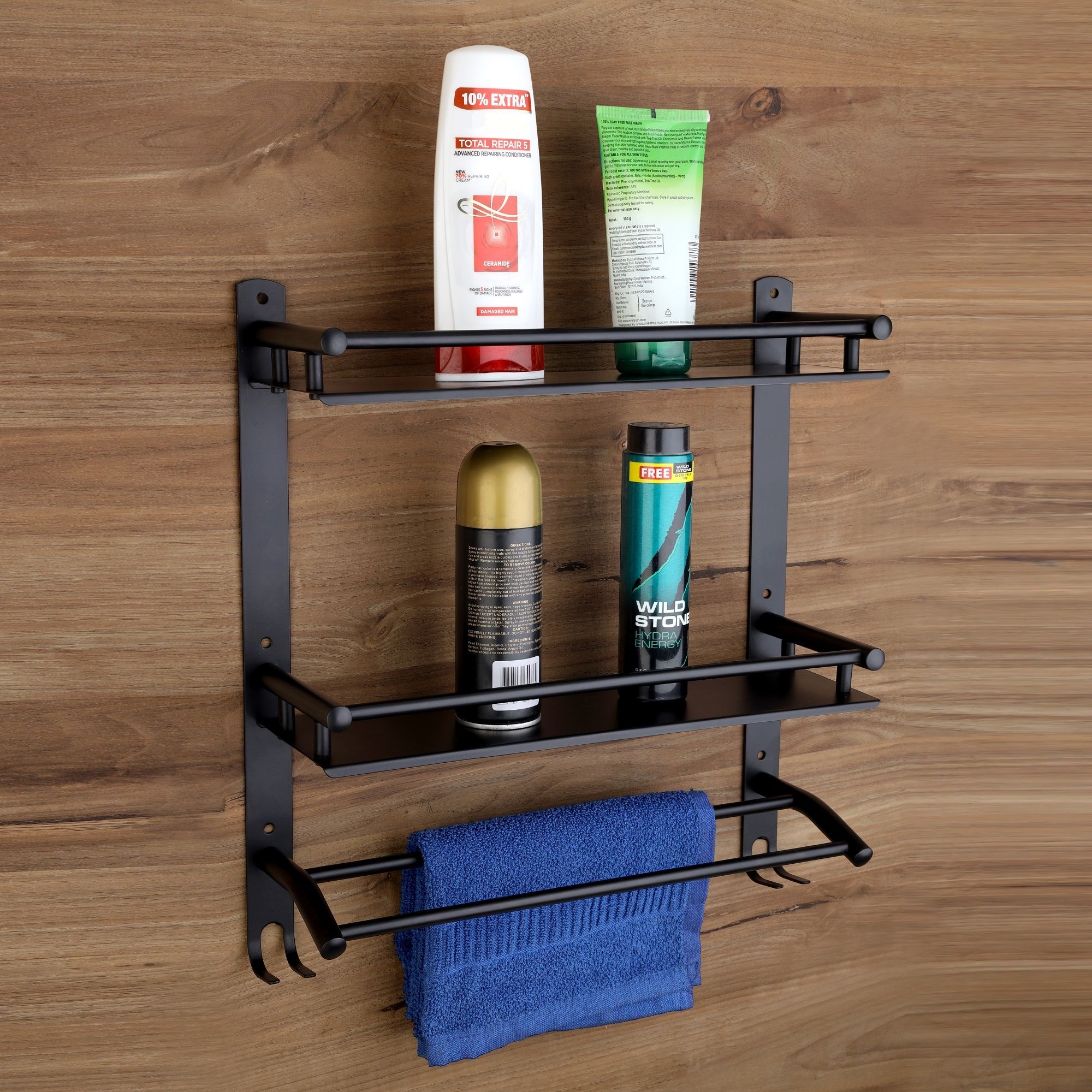 Stainless Steel Double Layer Shelf with Towel Road Shelf Organizer Black Towel Holder-image-3