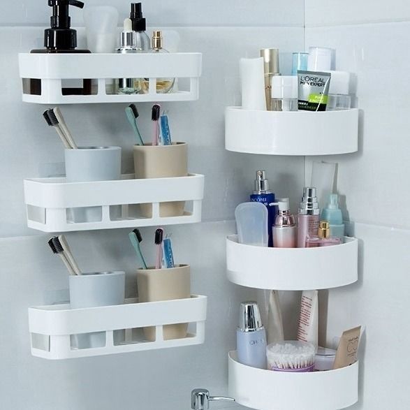 Pack of 6 ABS Plastic Hanging Multipurpose Home Kitchen Bathroom Accessories Traceless Wall Holder Decor Items Storage Shower Caddies Rack Shelf and Round Corner Kitchen Bathroom Shelf with Strong Adhesive Sticker (3 Bathroom Shelves + 3 Corner Triangle Shelves) Plastic Wall Shelf-image-40