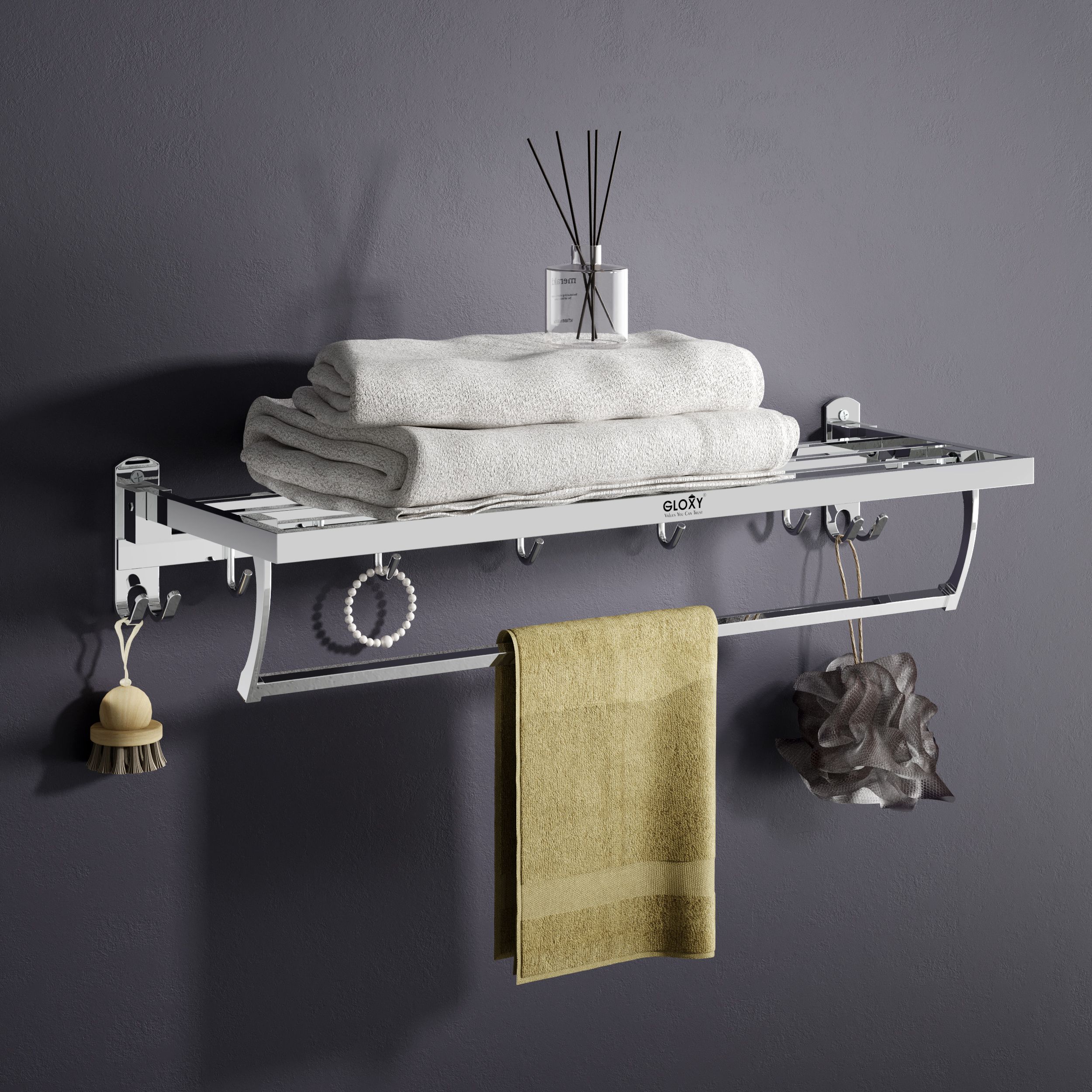 gloxy Silver Wall Mounted Foldable Towel Rack |Stylish Towel Stand with Hooks & Hanger Stainless Steel Toilet Paper Holder-picture-12