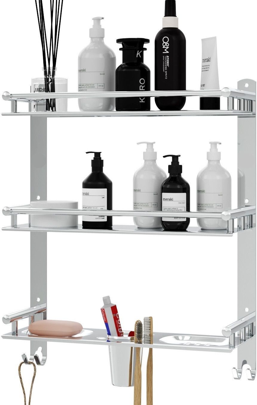 3 Layer Bathroom Shelf with Double Soap Dish and Toothbrush Holder Soap Holder Stainless Steel Wall Shelf-image-34
