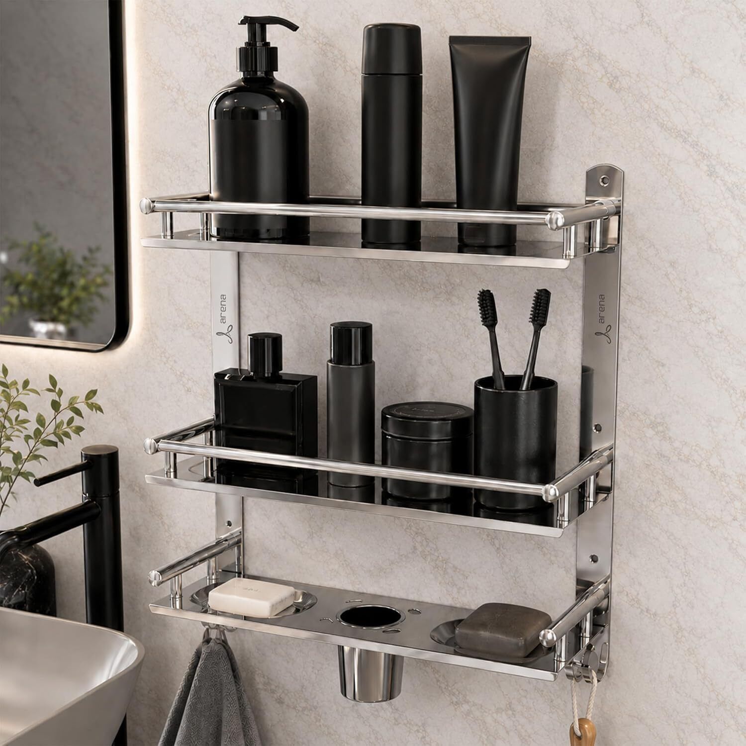 arena 3 Tier Stainless Steel Bathroom Shelf Rack | Wall Mounted Bathroom Organizer Stainless Steel Wall Shelf-picture-9