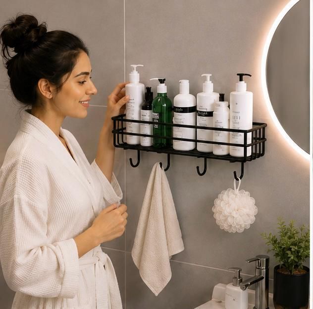 Generic Wall Mounted Metal Bathroom Shelf with 4 Hooks. (Pack of 1) Iron Wall Shelf-image-29