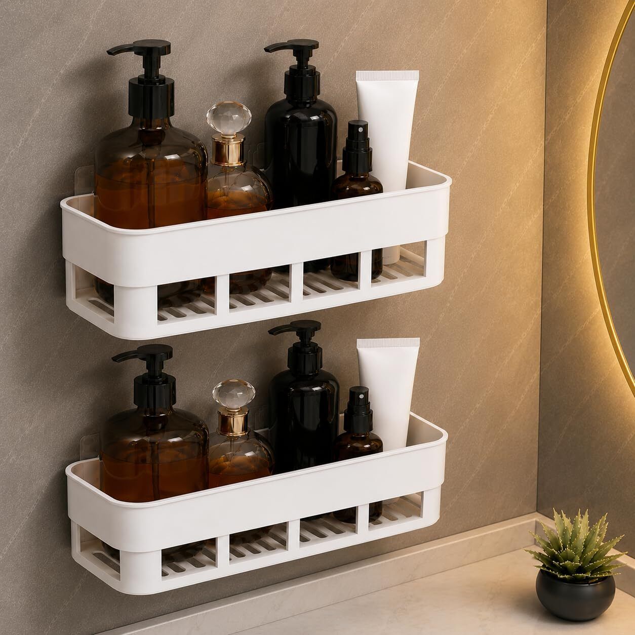 hvk Plastic Adhesive Wall Mounted Bathroom Organizer No Drill Storage Rack Holder Plastic Wall Shelf-picture-38