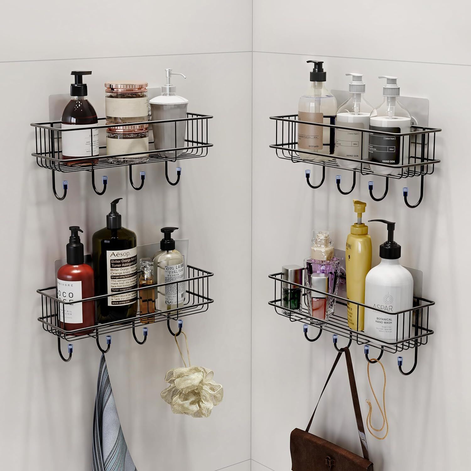 m y Self-Adhesive Bathroom Shelf with 4 Hook Steel Wall Shelf-picture-13